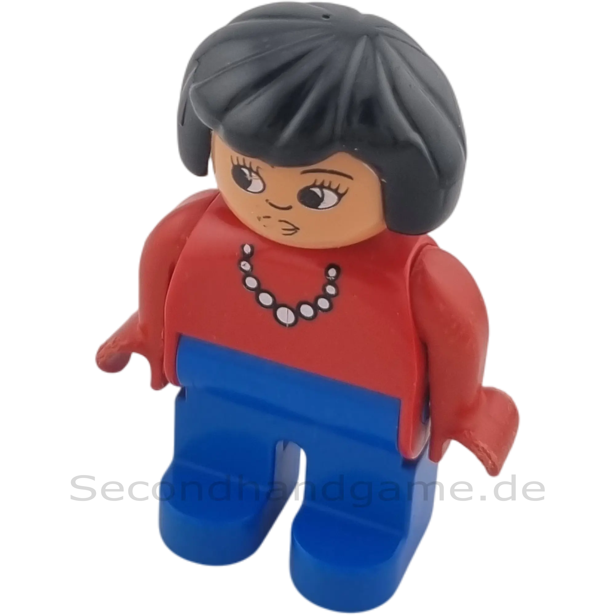 Lego Duplo Figur Frau mit schwarzen Haaren blaue Hose und roter Jacke und Kette