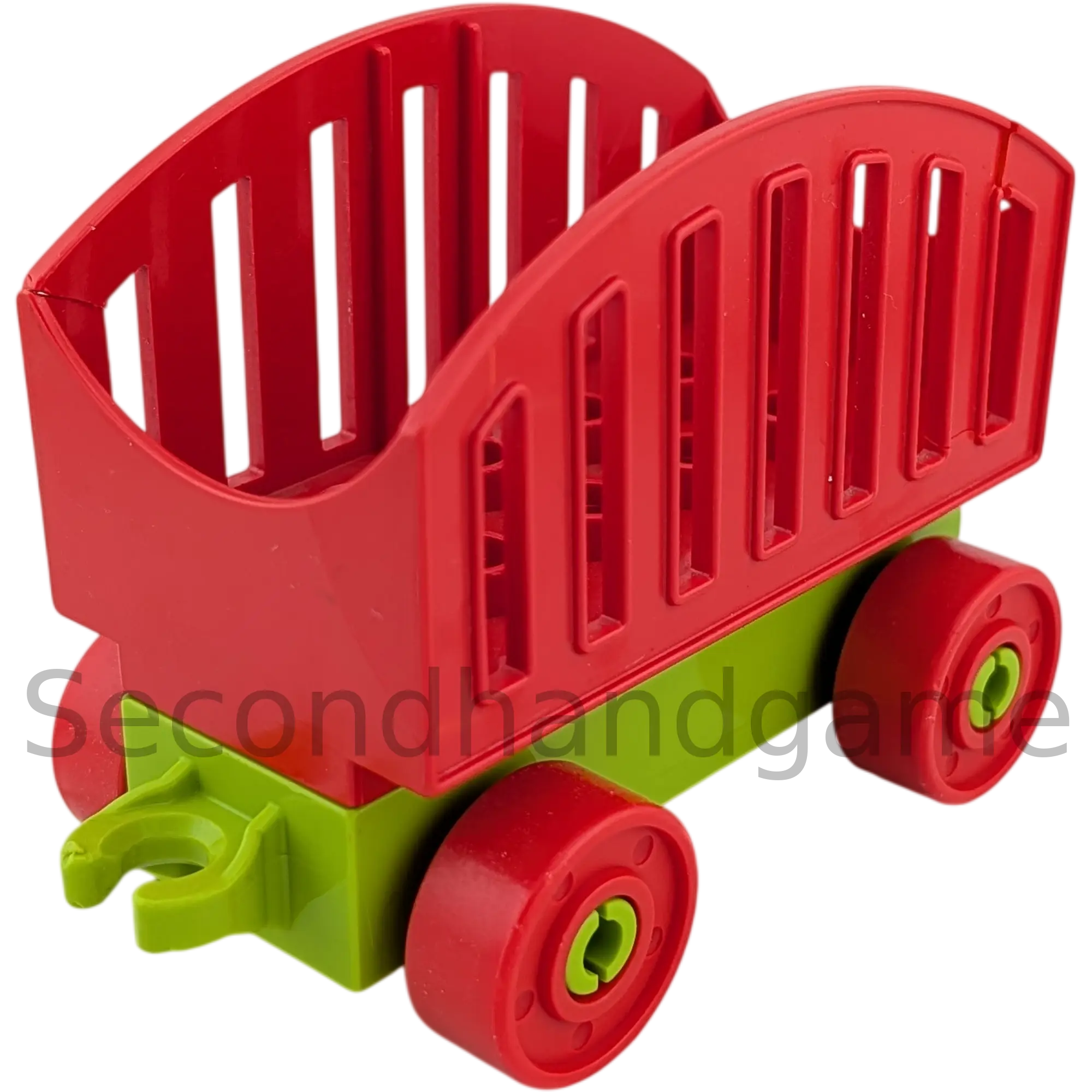 Lego Duplo Eisenbahn Anhänger Hellgrün Räder Rot mit Pferdeanhängeraufsatz