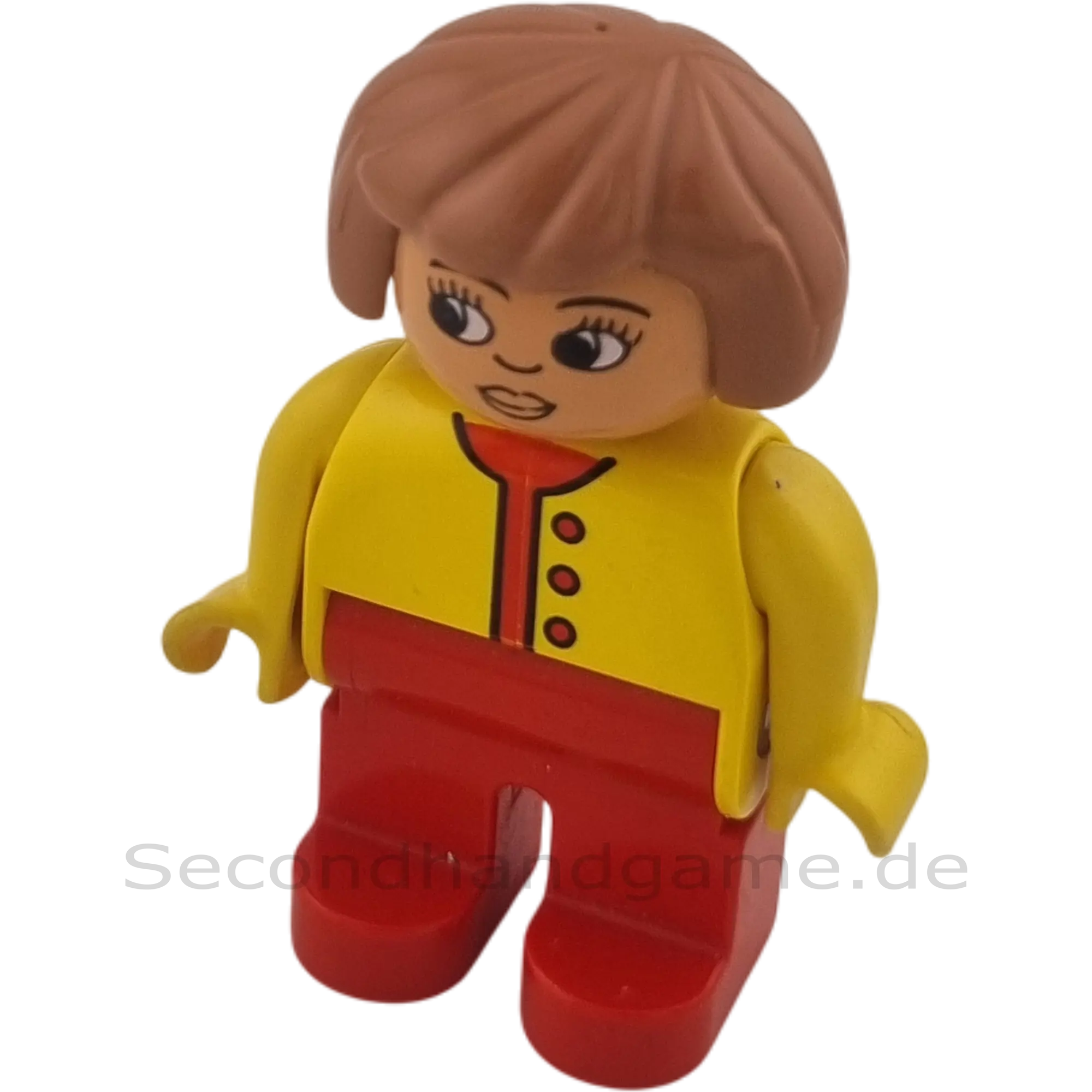 Lego Duplo Figur Frau mit braunen Haaren rote Hose und gelber Jacke