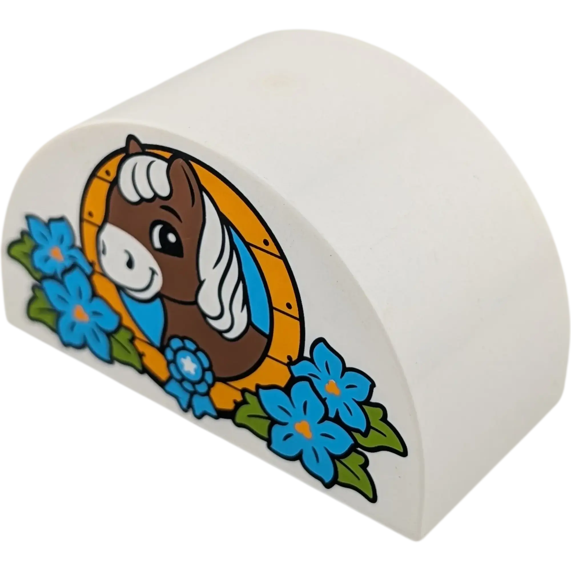 Lego Duplo Stein 2x4 Halbkreis, Weiß bedruckt – Pferd, Medaille & Blumen 