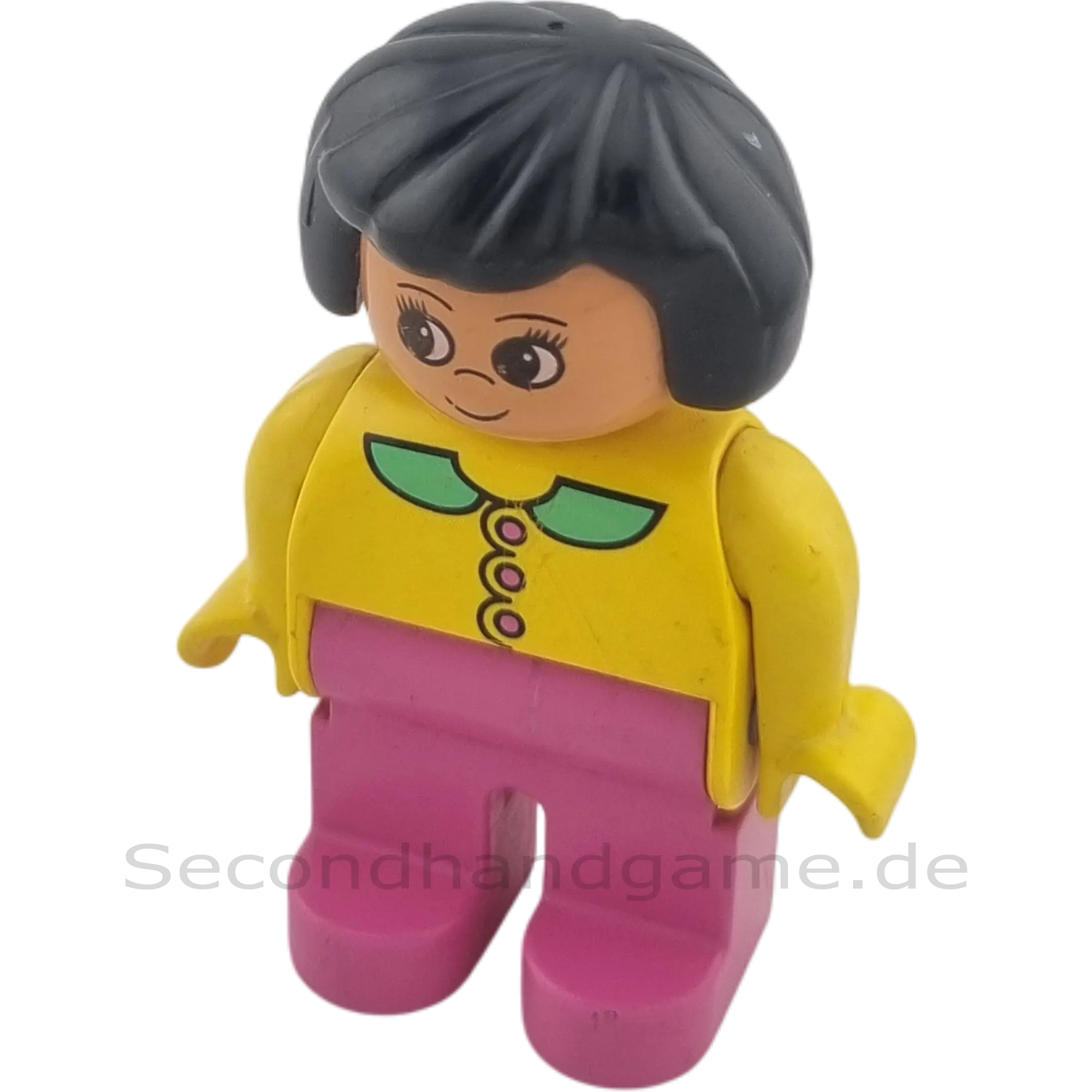 Lego Duplo Figur Frau mit schwarzen Haaren pinke Hose und gelber Bluse B-Ware