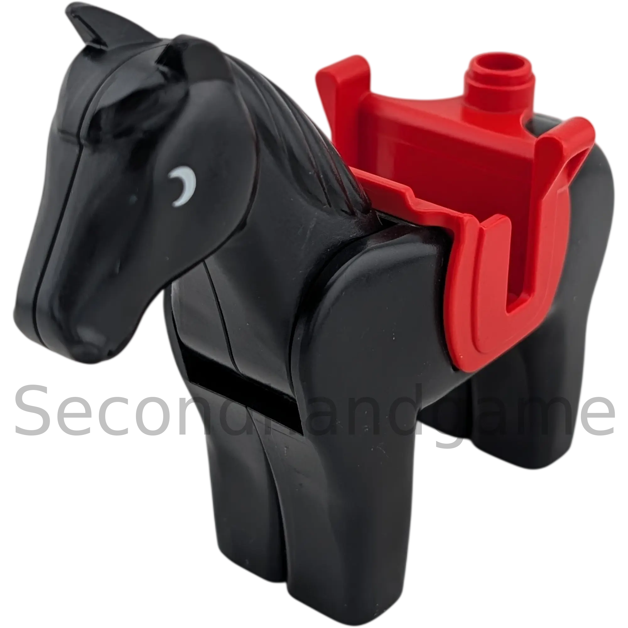 Lego Duplo Pferd Schwarz mit beweglichem Kopf und rotem Sattel