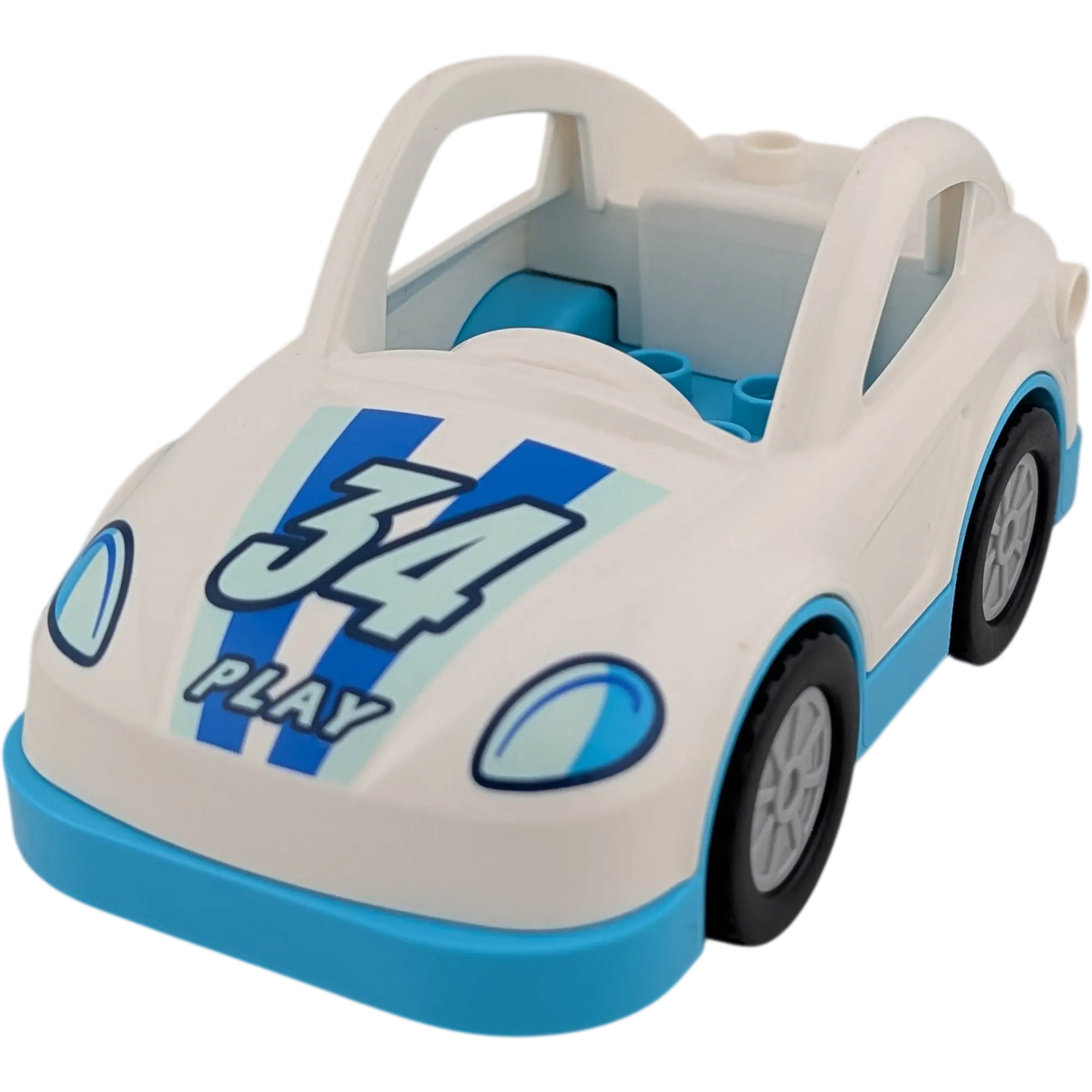 Lego Duplo Rennwagen Hellblau Weiß Play mit Zahl 34 Rückziehmotor