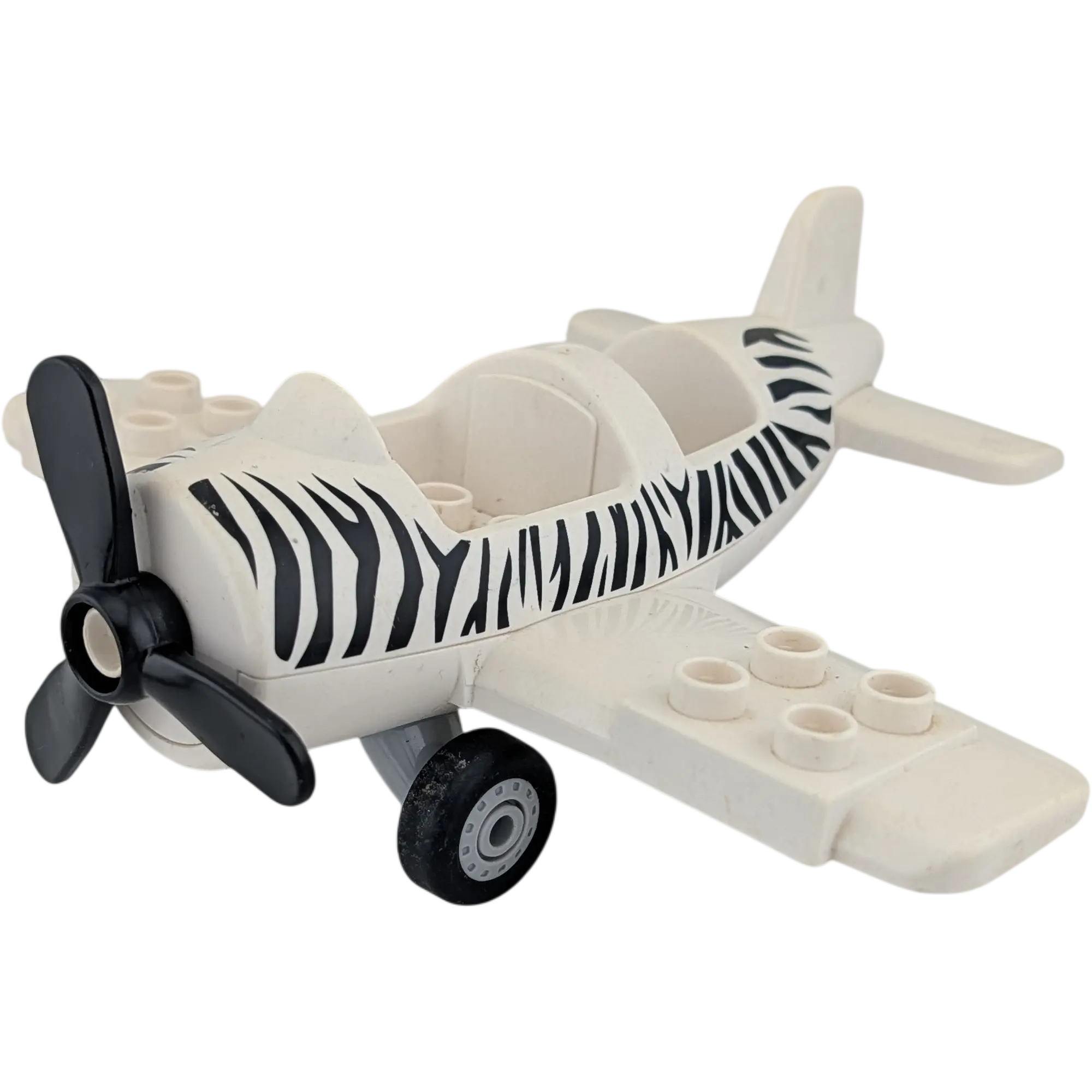Lego Duplo Flugzeug Weiß Schwarz Zebra Safari mit Rädern schwarzer Propeller