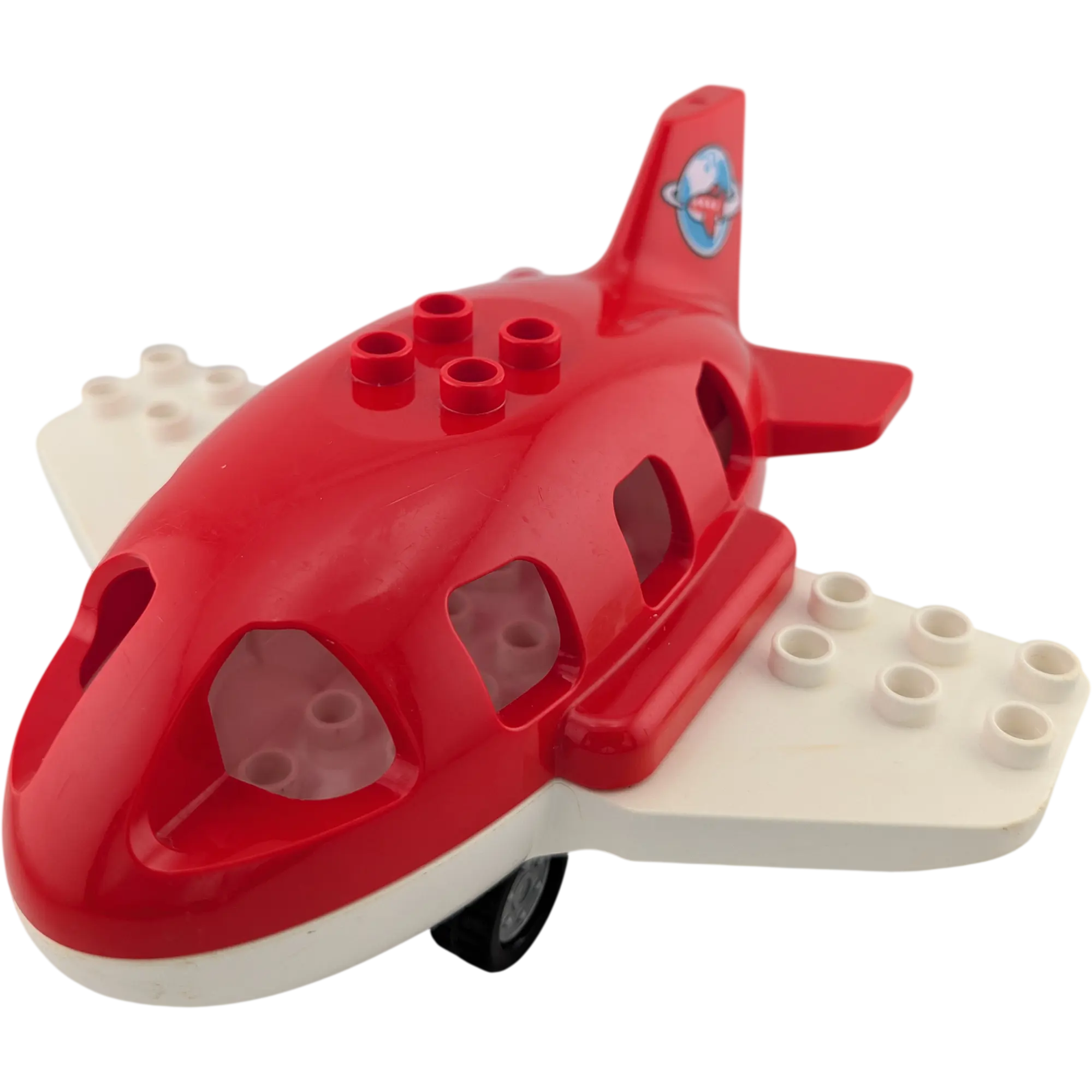 Lego Duplo Flugzeug Rot Weiß mit Erde auf dem Heck Räder Silber