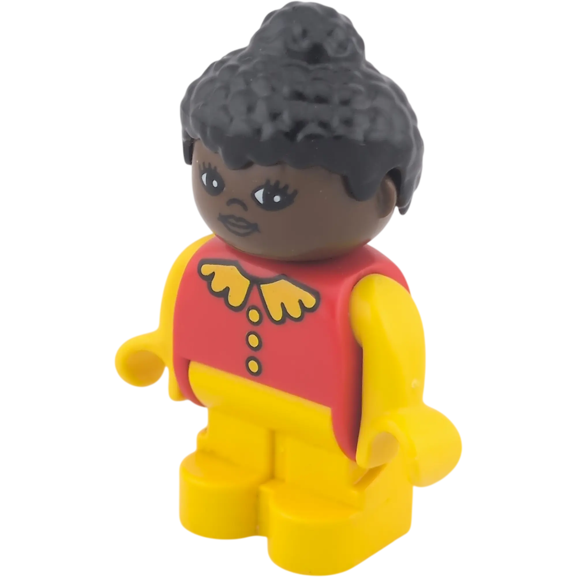 Lego Duplo Figur Mädchen Kleinkind brauner Teint gelber Kragen rotes Oberteil