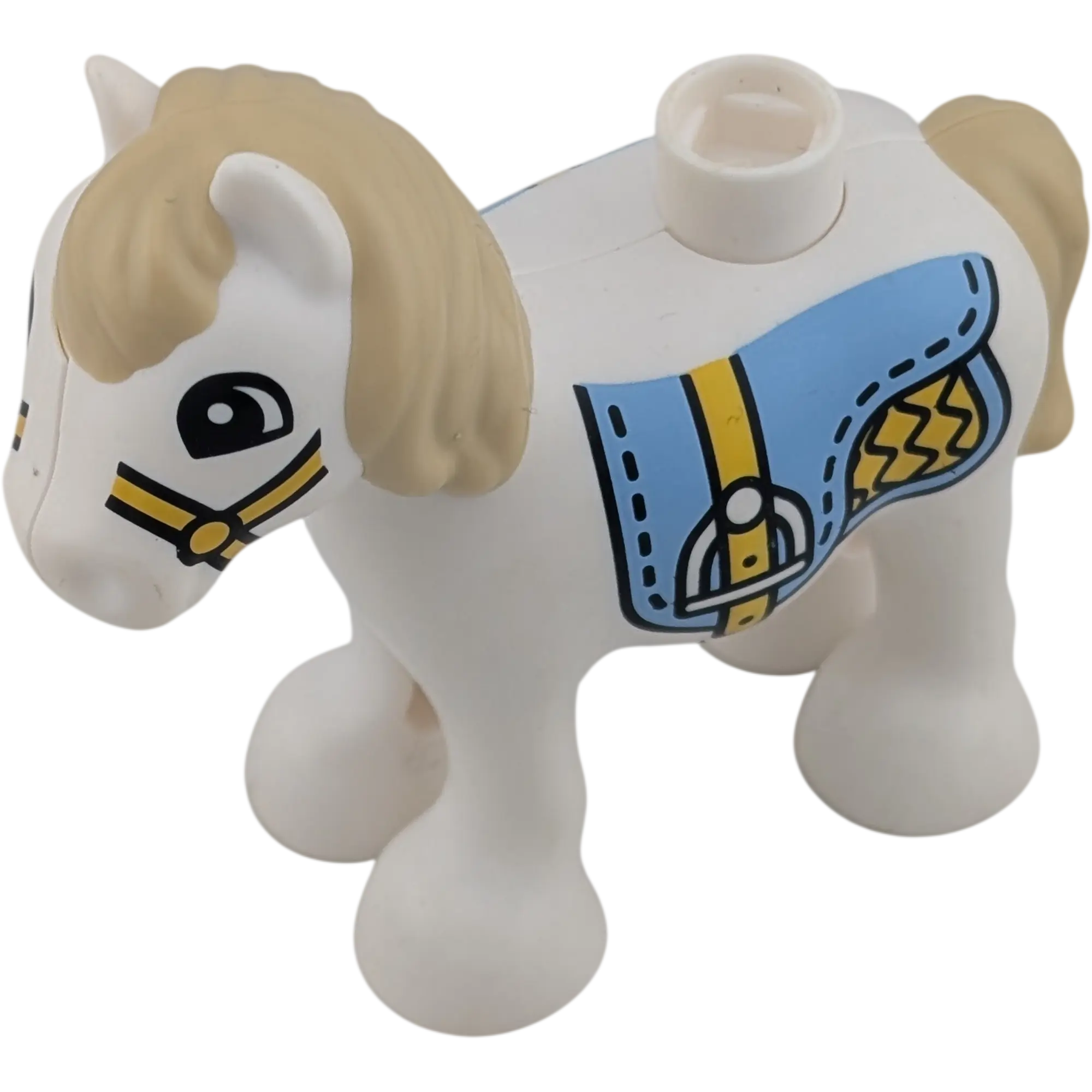 Lego Duplo Pony Fohlen Weiß mit Sattel Hellblau Gelb