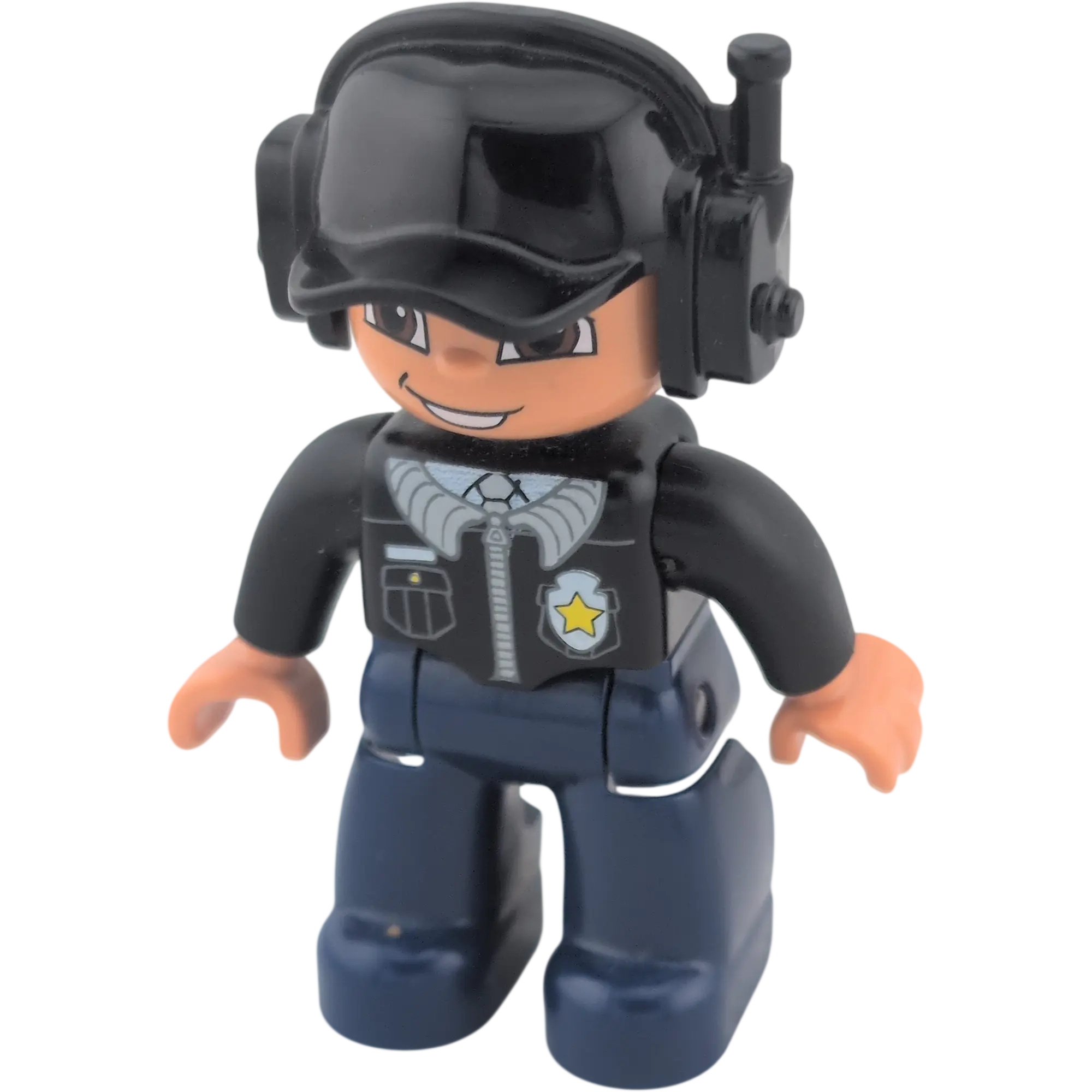 Lego Duplo Mann Polizist schwarze Jacke mit Sheriffstern, blaue Hose, braune Augen, Headset, Walkie Talkie
