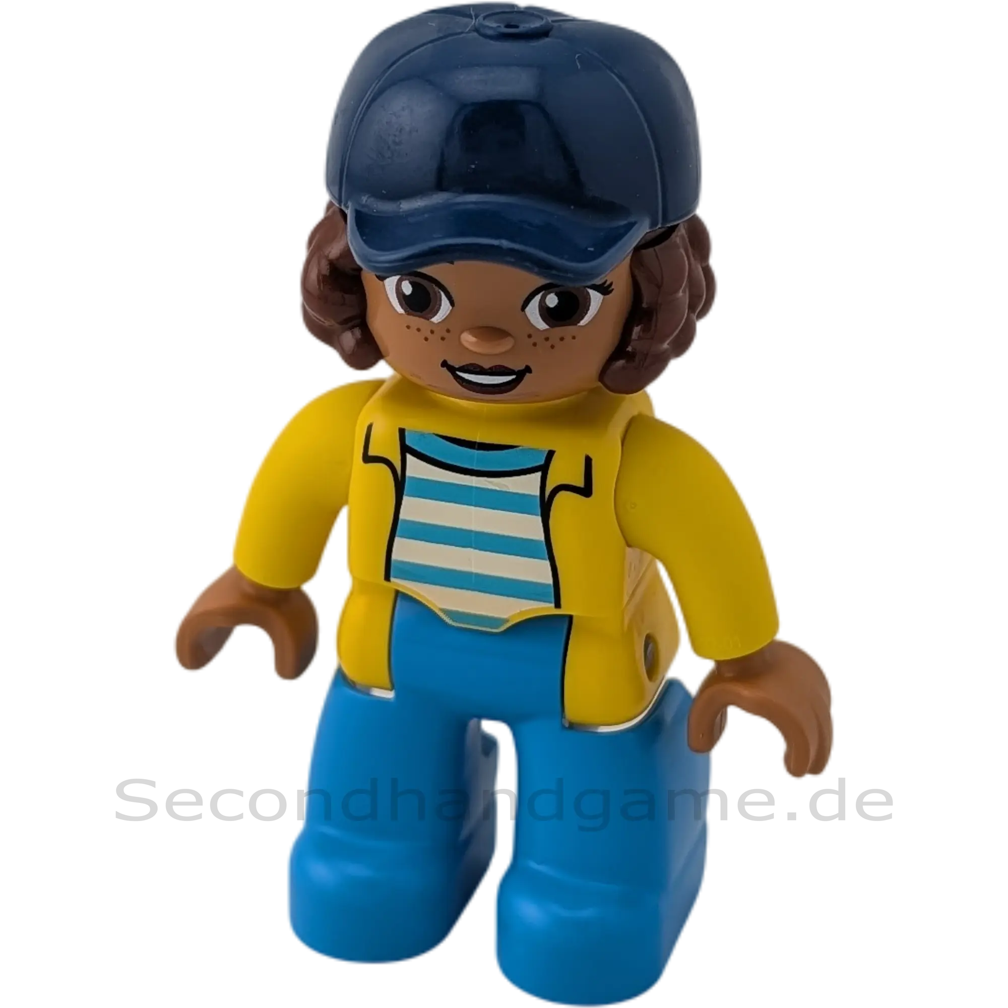 Lego Duplo 526H9 Frau mit gelber Jacke und blau weiß gestreiftem Oberteil mit Locken
