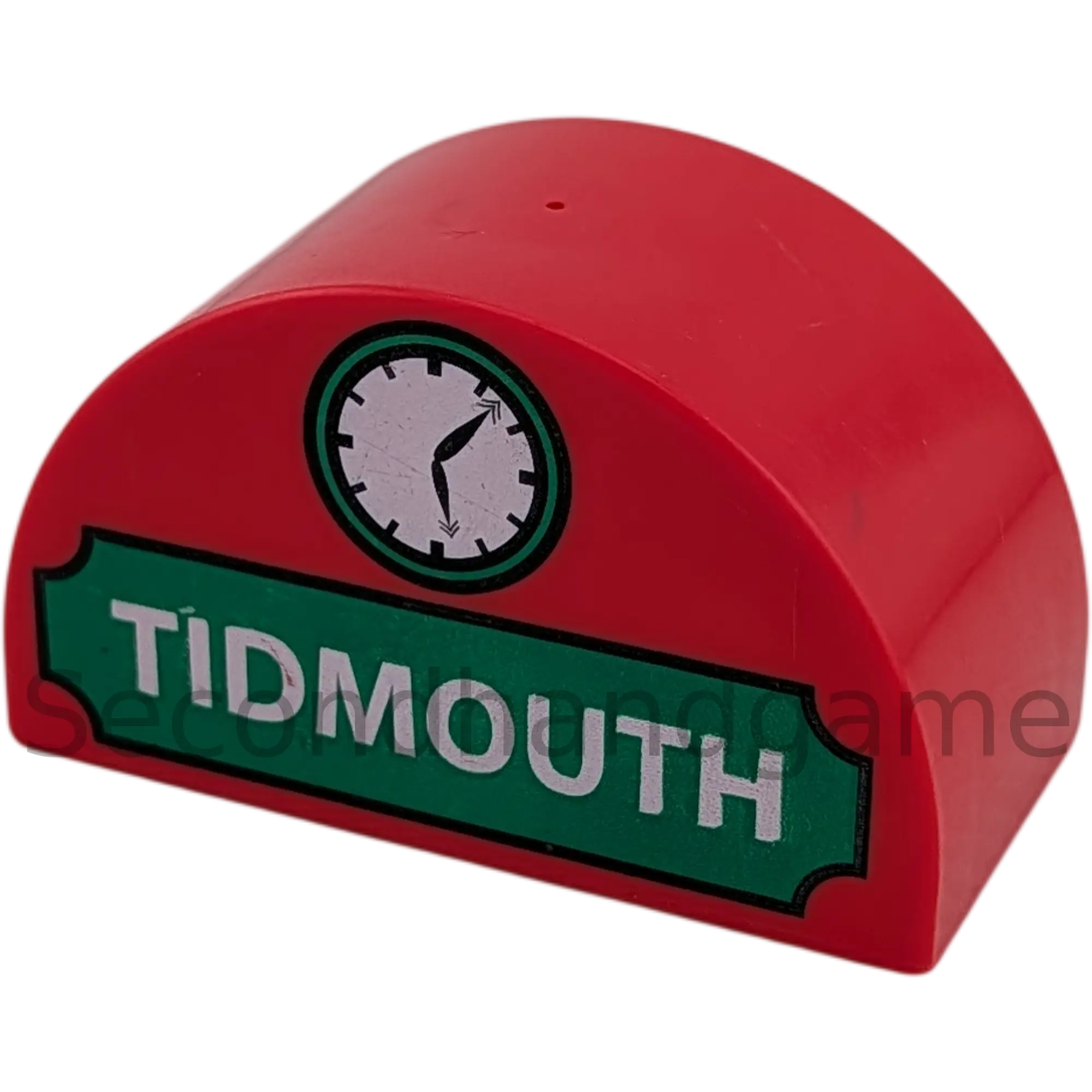 Lego Duplo Stein Rot 2x4 Halbkreis, bedruckt – Tidmouth mit Uhr