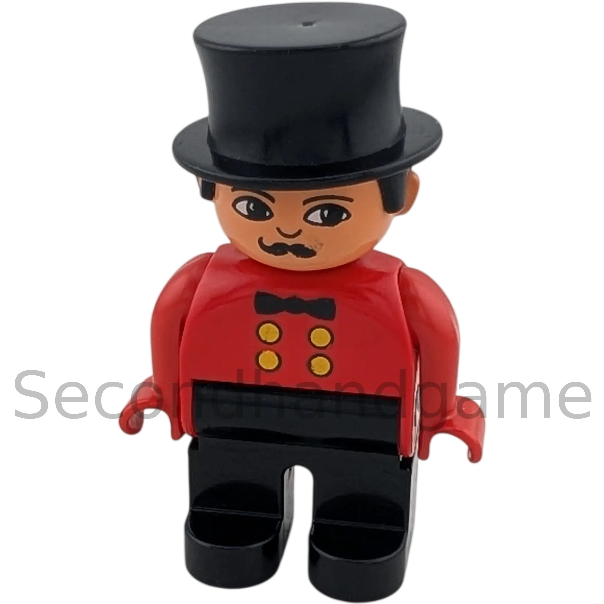 Lego Duplo Figur Mann 4555 Zirkusdirektor schwarzer Zylinder Schnauzbart, rotes Hemd Fliege schwarze Hose