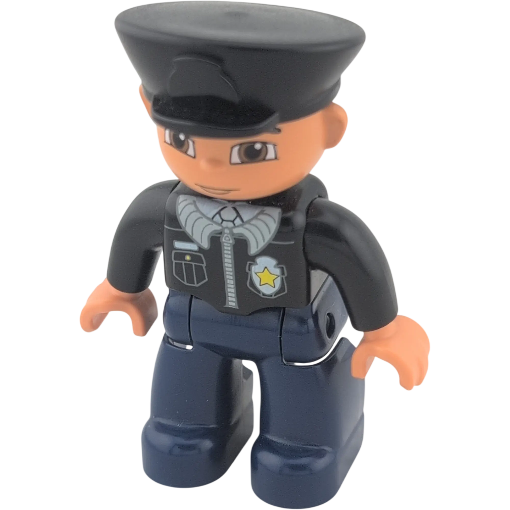 Lego Duplo Mann Polizist schwarze Mütze, schwarze Jacke mit Sheriffstern, blaue Hose, braune Augen