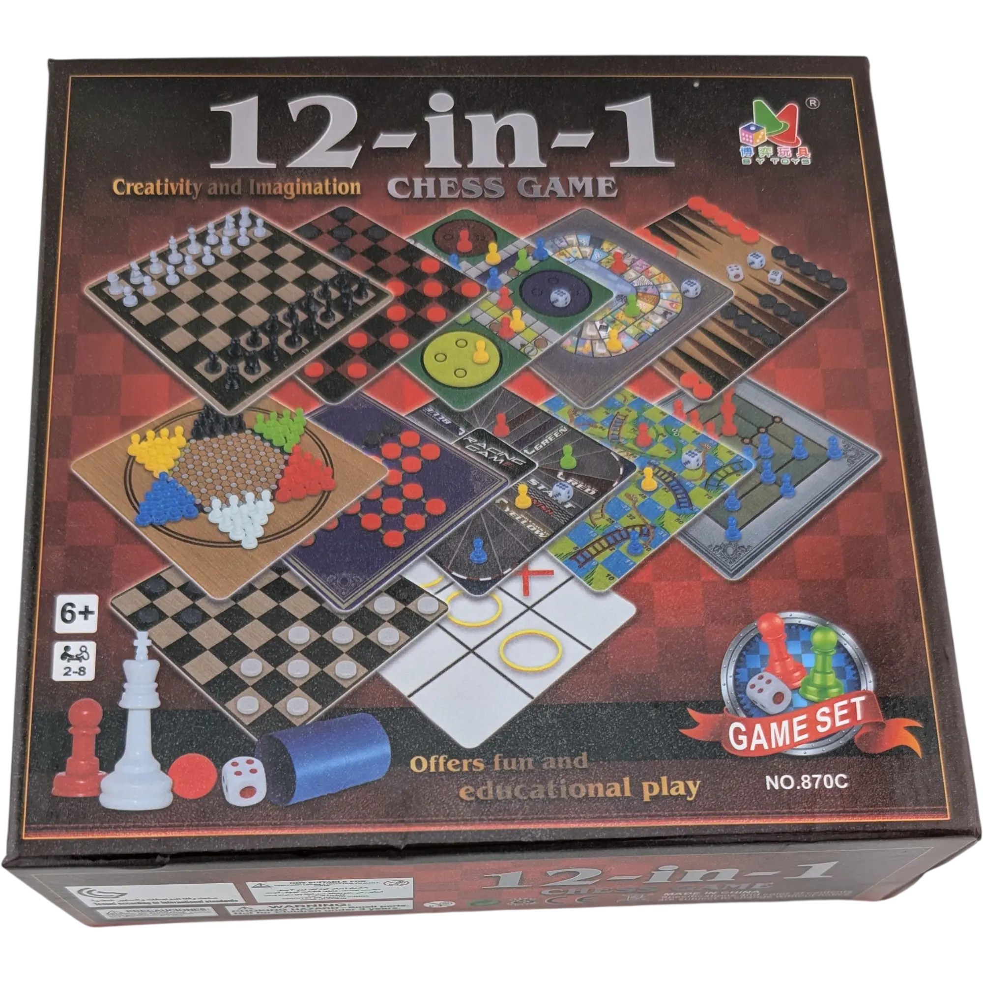 Spielesammlung 12 in 1 Backgammon, Halma, Ludo, Mühle, Schach, Dame, Solitaire, Gänsespiel und Leiterspiel.