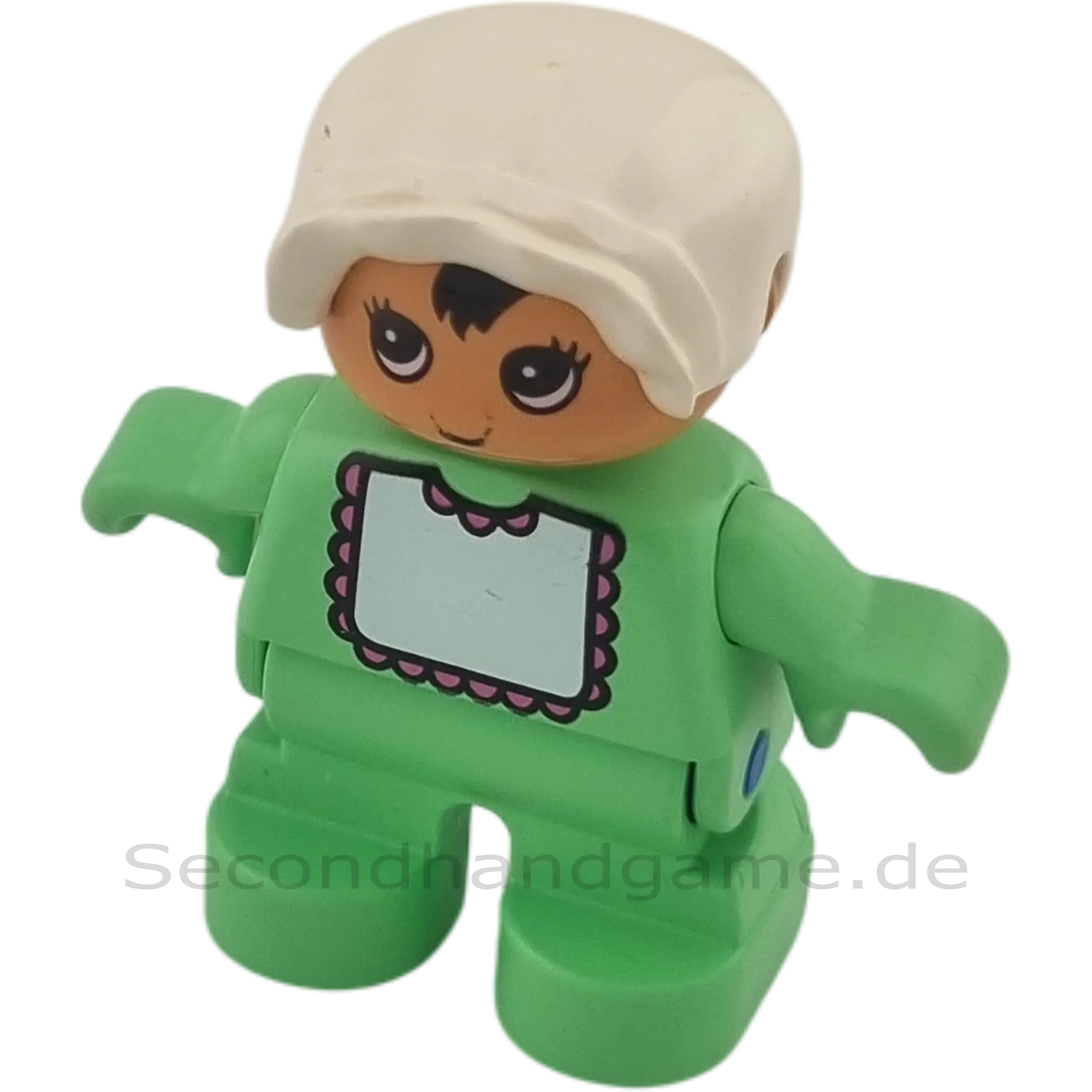 Lego Duplo Kind Mädchen Baby mit pinkem Lätzchen und grünem Strampler